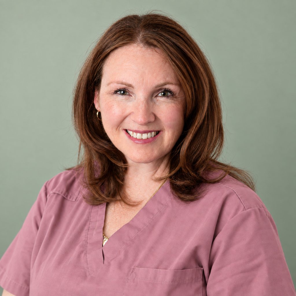Portrait of Rebecca, Endorsed Midwife, against a sage green background
