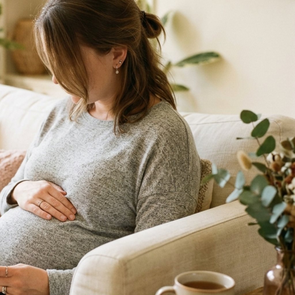Pregnant woman resting on a sofa at home with a hand on her bump and a cup of tea nearby