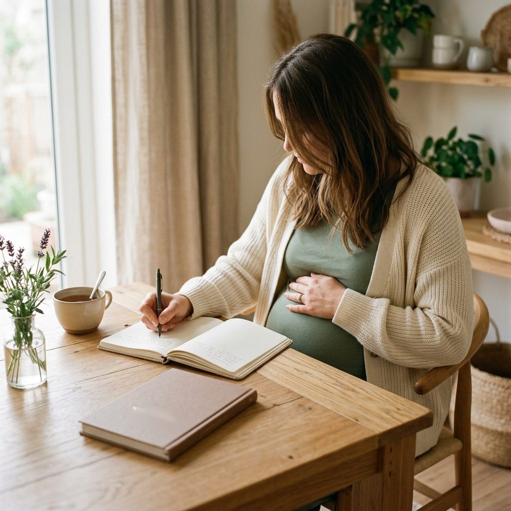Pregnant woman writing notes at a table at home with a hand on her bump