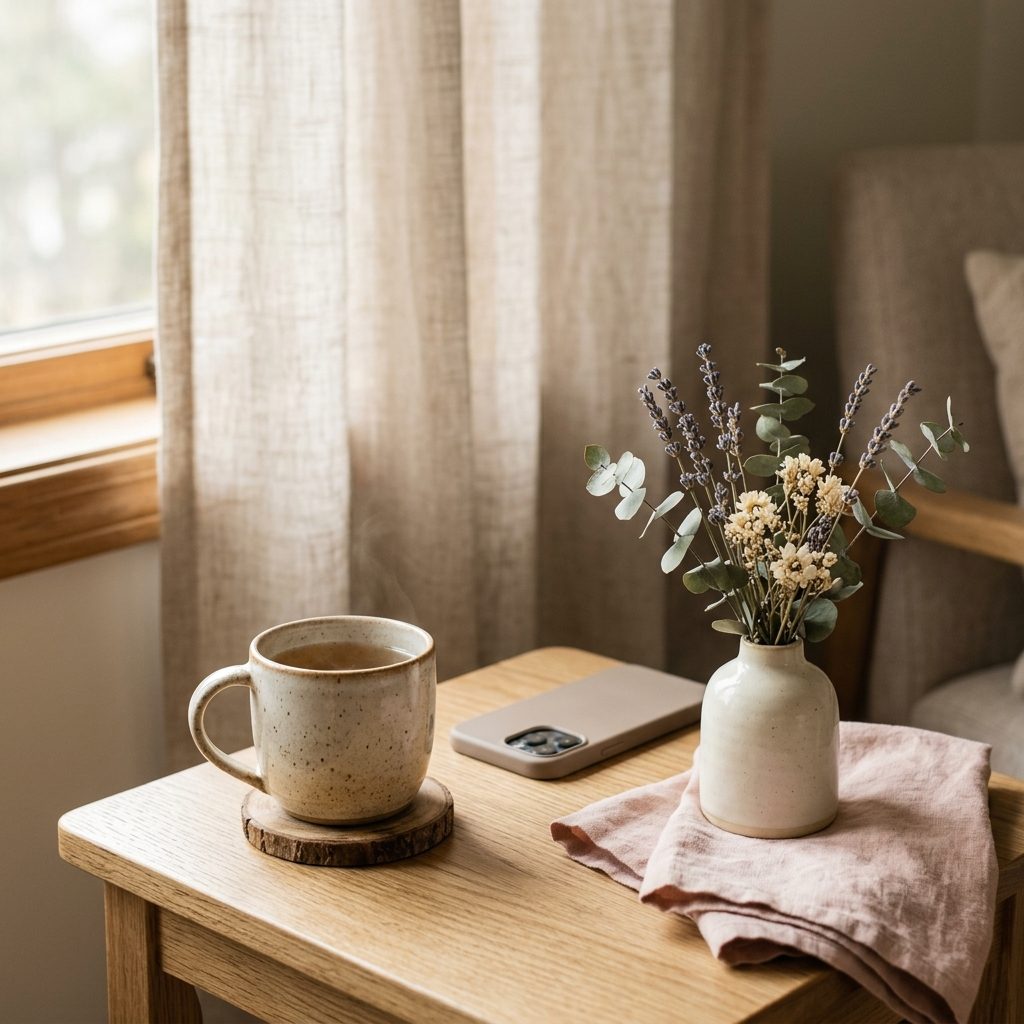 Cup of tea, a phone and a small vase of lavender and eucalyptus on a sunlit side table