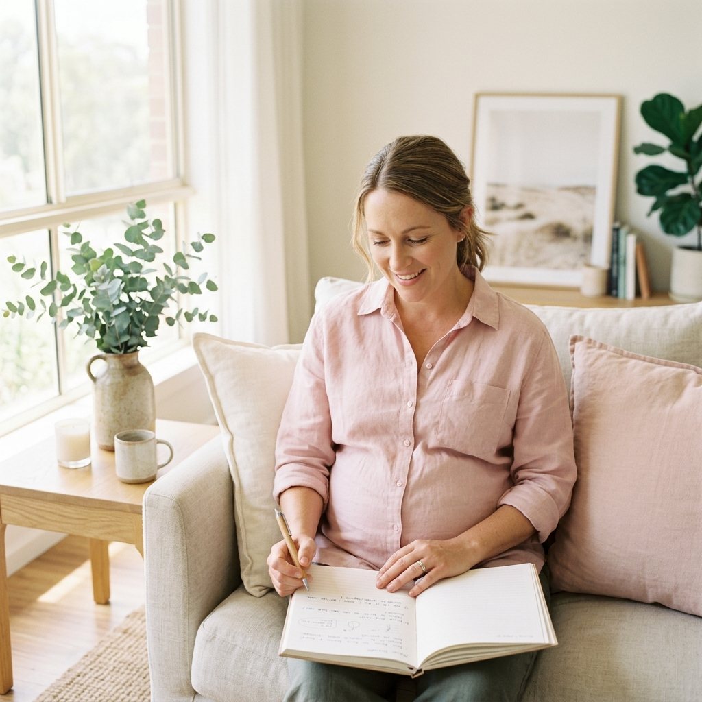 Pregnant woman sitting on a sofa at home, writing her questions in an open notebook
