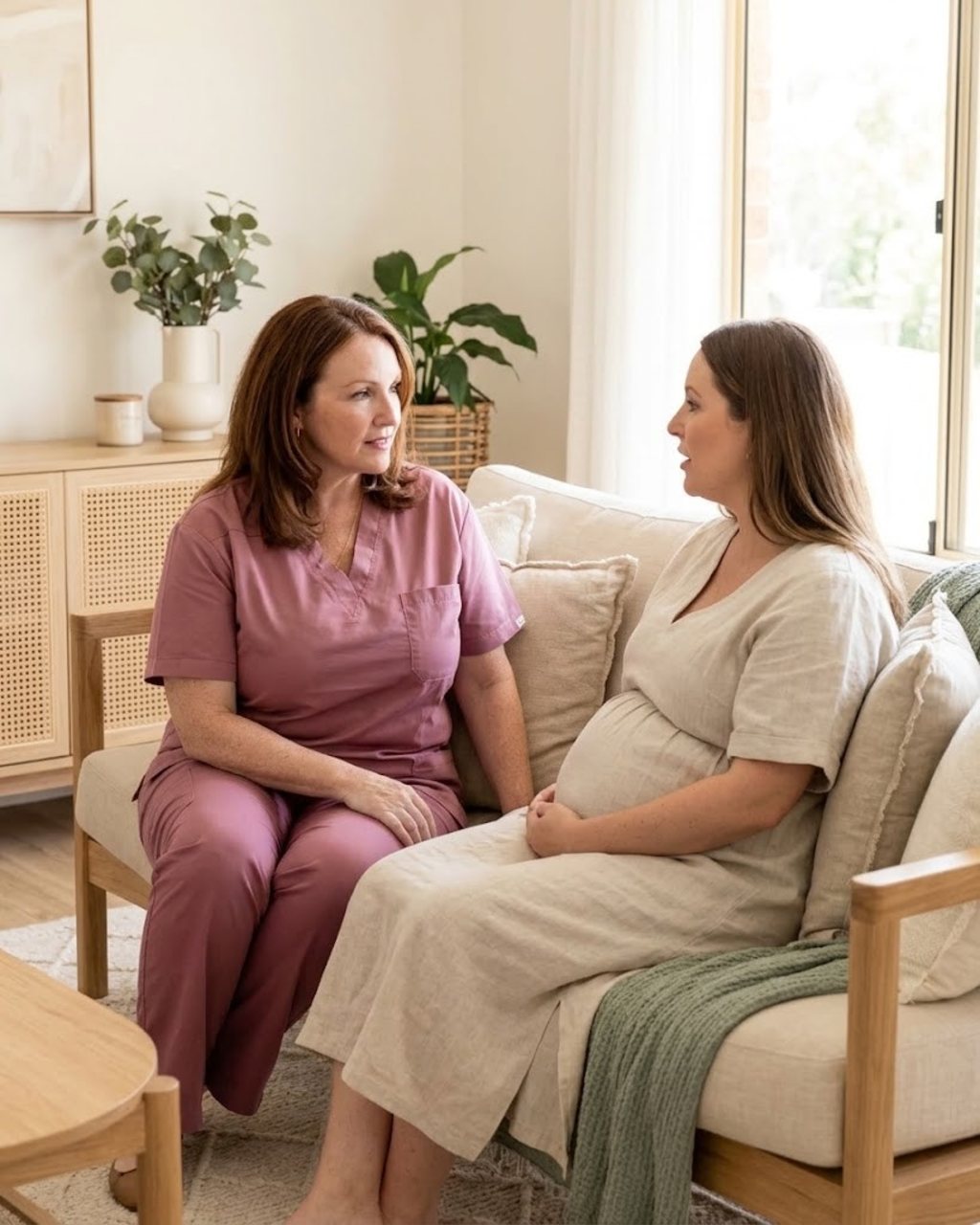 Rebecca sitting with an expectant mother on a sofa at home, talking together