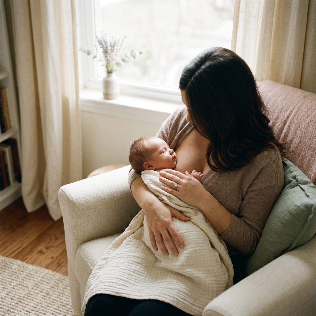 Mother holding her sleeping newborn in an armchair at home