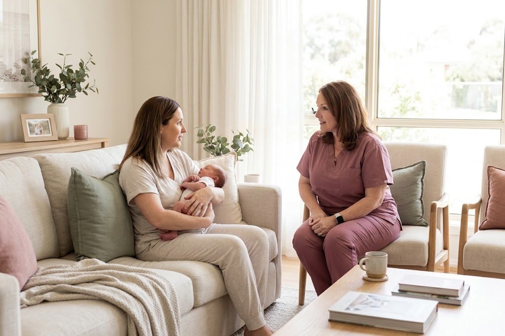 Rebecca sitting with a mother and her newborn in a family living room during a home visit