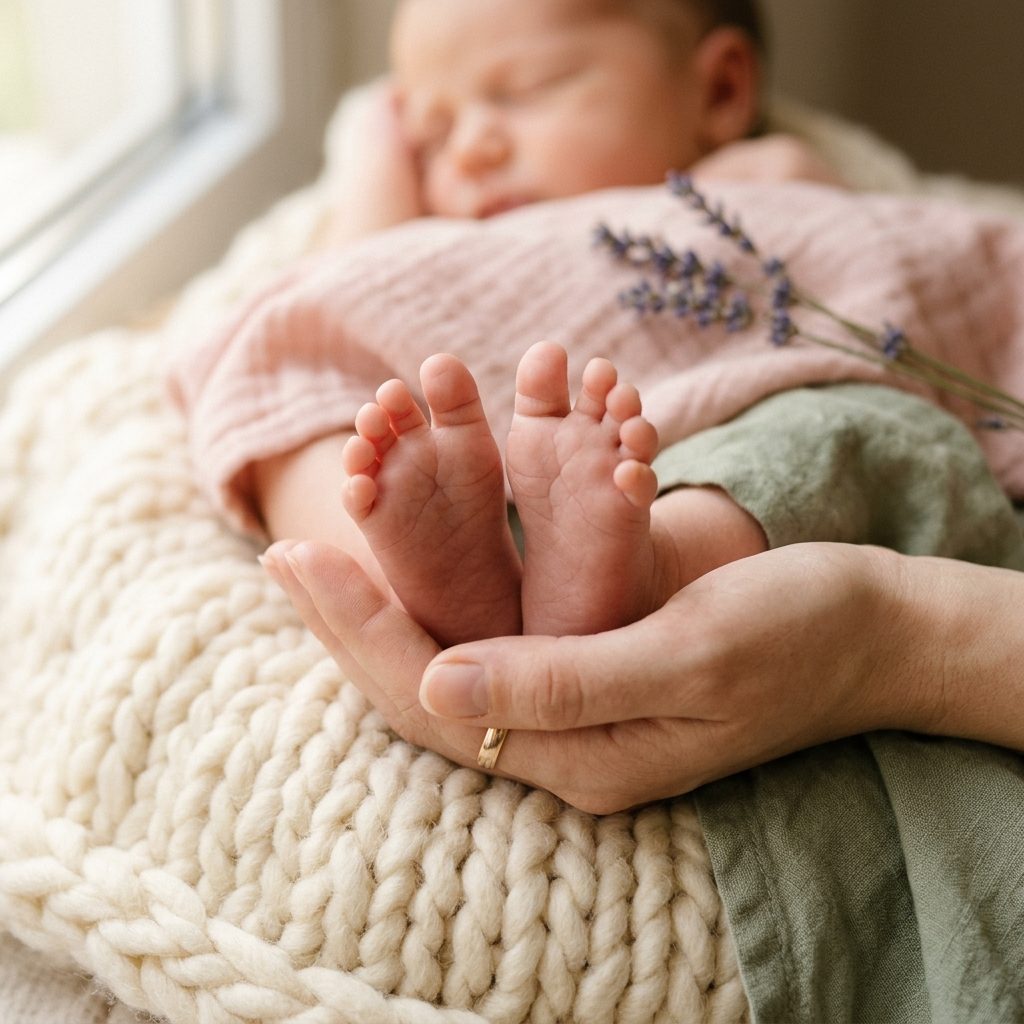 Newborn baby's tiny feet cupped in a parent's hand on a cream knit blanket