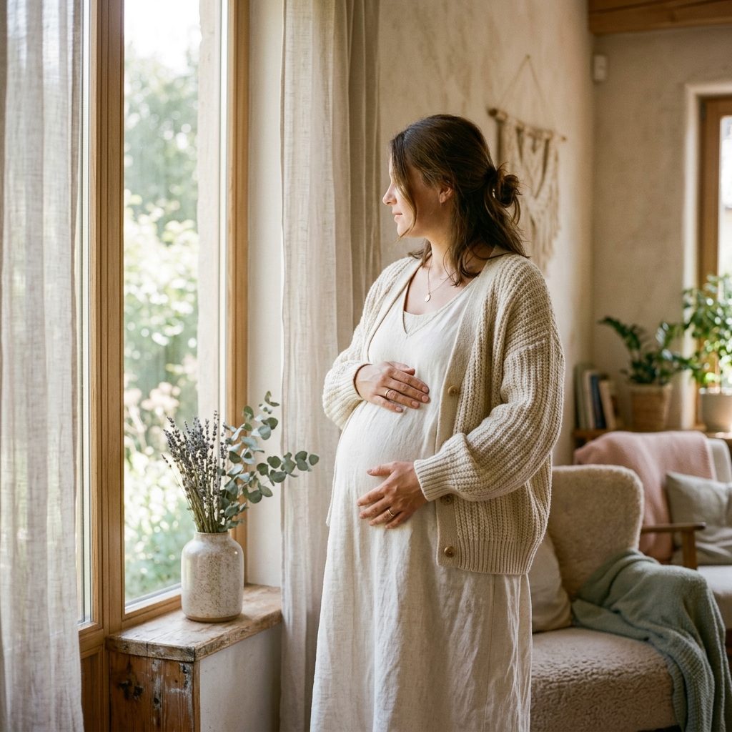 Pregnant woman standing by a sunlit window at home, hands resting on her bump